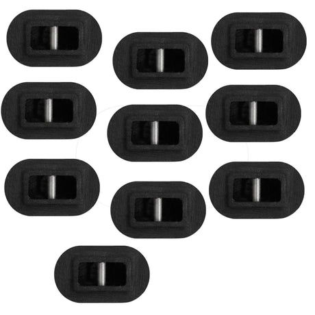 Futures Leash Plug Set, zehn schwarze Kunststoff-Stöpsel mit Metallstift, Draufsicht