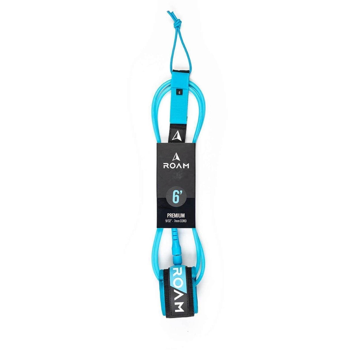 Roam Surfboard Leash Premium 6 Zoll in Blau, Neopren mit Klettverschluss, Frontalansicht des kompletten Leash mit Manschette und Befestigungssystem