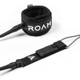 Roam Surfboard Leash Premium in Schwarz mit gepolstertem Fußband und Verbindungskabel, Draufsicht