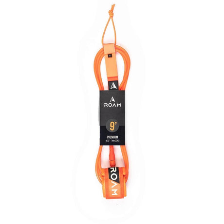 Roam Surfboard Leash Premium in Orange, 9mm Dicke, mit schwarzem Branding-Label und Befestigungsschlaufe, Frontansicht