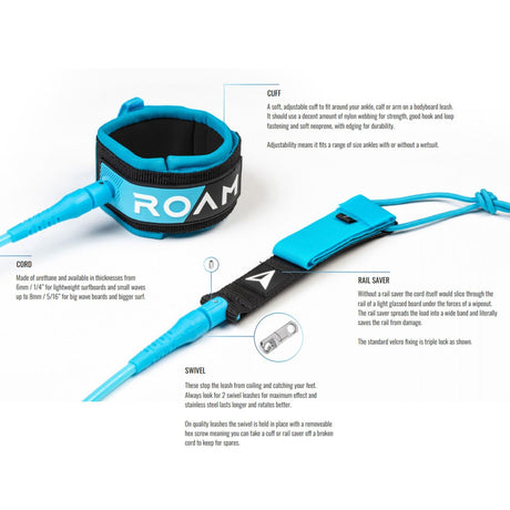 Roam Surfboard Leash Premium Knie in Blau-Schwarz mit verstellbarem Knie-Cuff, Cord und Rail Saver, Produktansicht mit Details