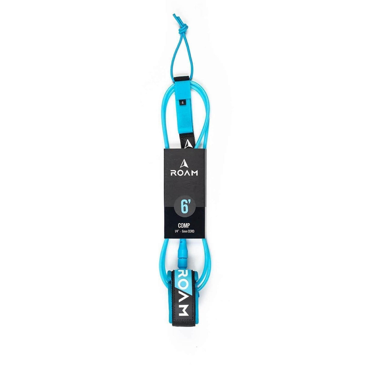 ROAM Surfboard Leash Comp 6 Zoll, blau, Neopren-Armband mit schwarzem Befestigungselement, Frontalansicht