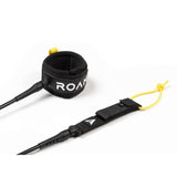 ROAM Surfboard Leash Big Wave in Schwarz mit gelbem Kordel-System, Neopren-Fußmanschette und Verbindungskabel, Produktansicht