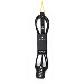 ROAM Surfboard Leash Big Wave schwarz mit gelbem Cuff, Frontansicht der Neopren-Leine mit Markenlogo