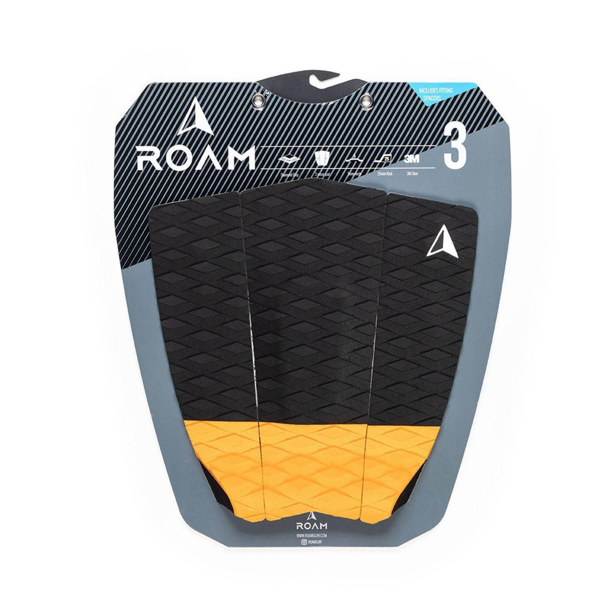 Roam Footpad Deck Grip Traction Pad 3-tlg, schwarz-gelb, Gummi-Strukturoberfläche, dreiteiliges Set, Frontansicht auf Packung