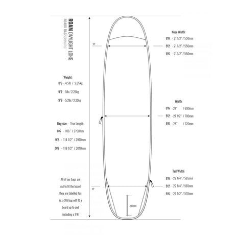 ROAM Daylight Longboard Surfboard, weiß, technische Draufsicht mit Abmessungen und Spezifikationen