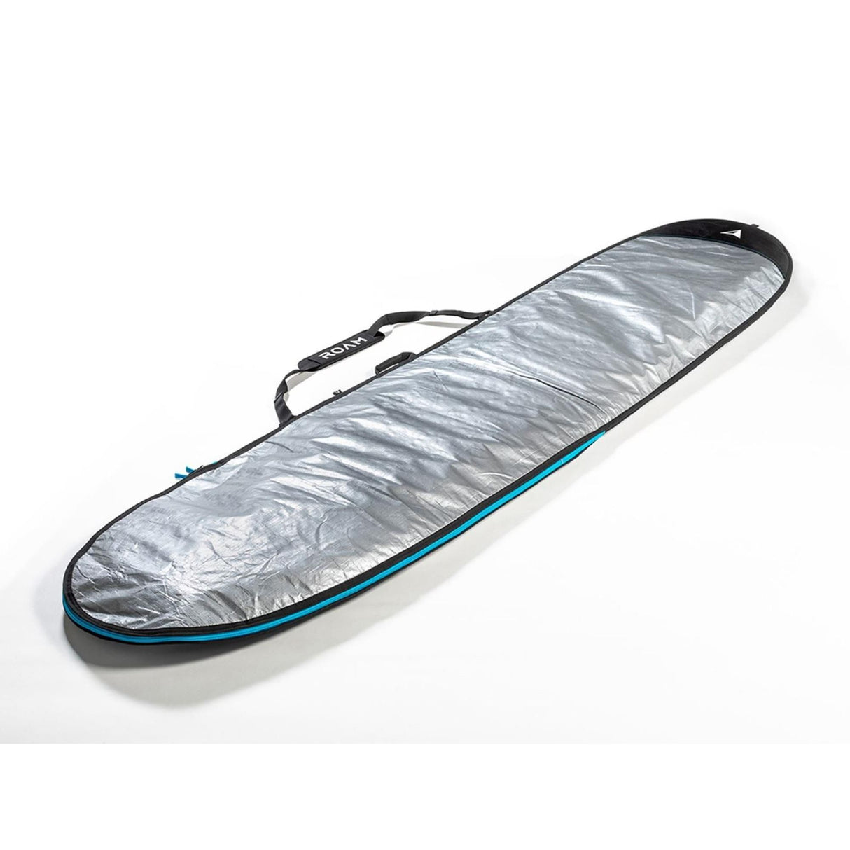 ROAM Surfboard Daylight Longboard in Silber mit blauer Kante, Schutzcover mit Tragegriffen, Aufsicht