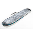 ROAM Daylight Longboard Surfboard grau mit blauer Kante in Schutzhülle, Seitenansicht