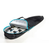 ROAM Boardbag Surfboard Tech Bag Hybrid Fish, schwarz mit blauem Reißverschluss, geöffnet mit Zubehörfächern, Draufsicht