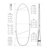 ROAM Boardbag Surfboard Tech Bag Hybrid Fish, schwarze Tasche mit Größendiagramm und Spezifikationen, Draufsicht-Illustration