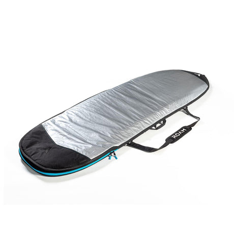 ROAM Tech Boardbag Funboard mit silberner Thermofutter, schwarzem Neopren und blauem Reißverschluss, Transporttasche seitliche Ansicht