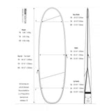 ROAM Tech Boardbag Funboard Schutzhülle mit technischen Spezifikationen und Größenangaben in Seitendarstellung