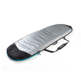 ROAM Tech Boardbag Funboard mit silberner Schutzhülle, schwarzem Neopren und blauem Reißverschluss, Draufsicht