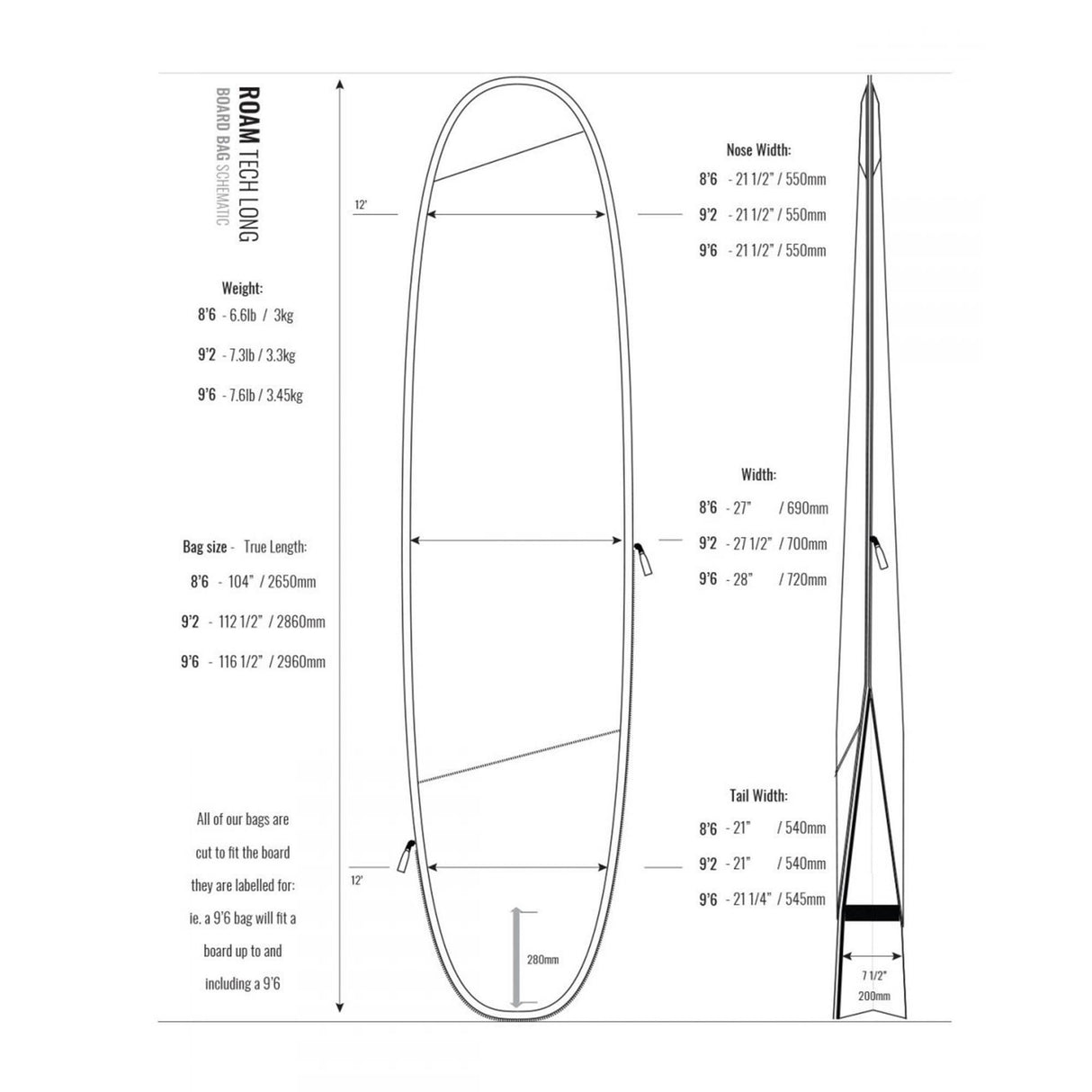 ROAM Surfboard Tech Bag Longboard, schwarze Schutztasche mit technischen Abmessungen und Größenangaben für verschiedene Surfboard-Längen