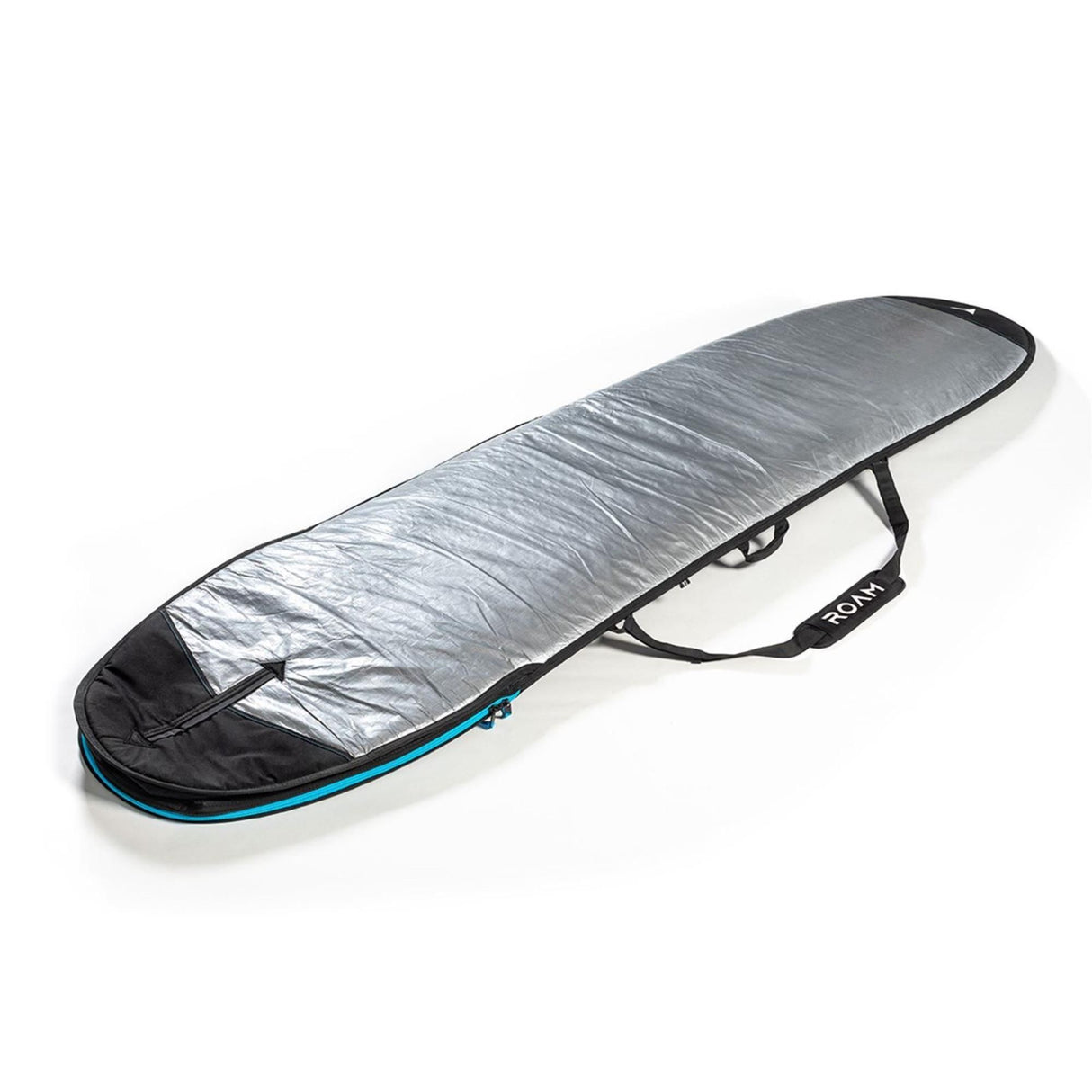 ROAM Surfboard Tech Bag Longboard silber-schwarz mit Tragegriffen und blauem Reißverschluss, Schutzcase aus Kunststoff