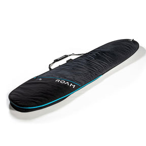 ROAM Surfboard Tech Bag Longboard schwarz mit türkisem Rand und Tragegriffen, seitliche Ansicht