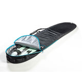 ROAM Surfboard Tech Bag Longboard schwarz mit blauem Reißverschluss, geöffnet mit Innenfächern, Seitenansicht