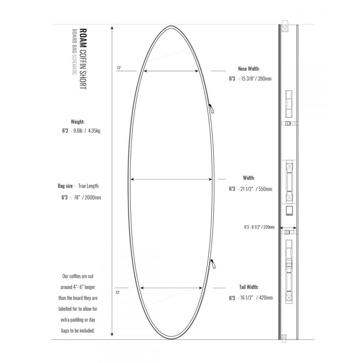 ROAM Boardbag Surfboard Coffin Doppel Triple, schwarze Schutztasche mit Maßangaben und Produktspezifikationen, technische Zeichnung