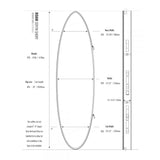 ROAM Boardbag Surfboard Coffin Doppel Triple, schwarze Schutztasche mit Maßangaben und Produktspezifikationen, technische Zeichnung