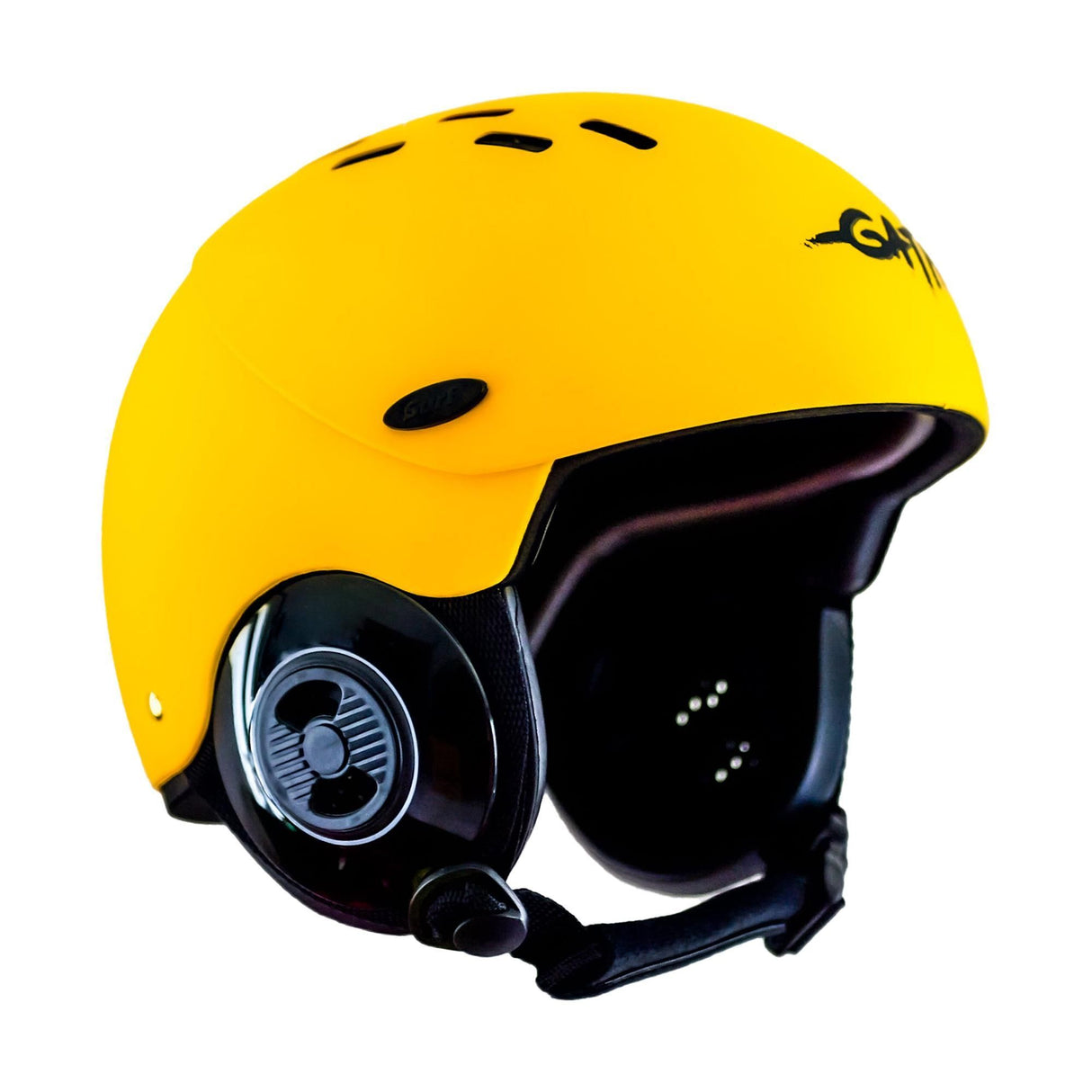Gath Gedi Wassersport Helm in Gelb mit schwarzem Kinnschutz, Belüftungslöcher und Ohrpolster, Seitenansicht