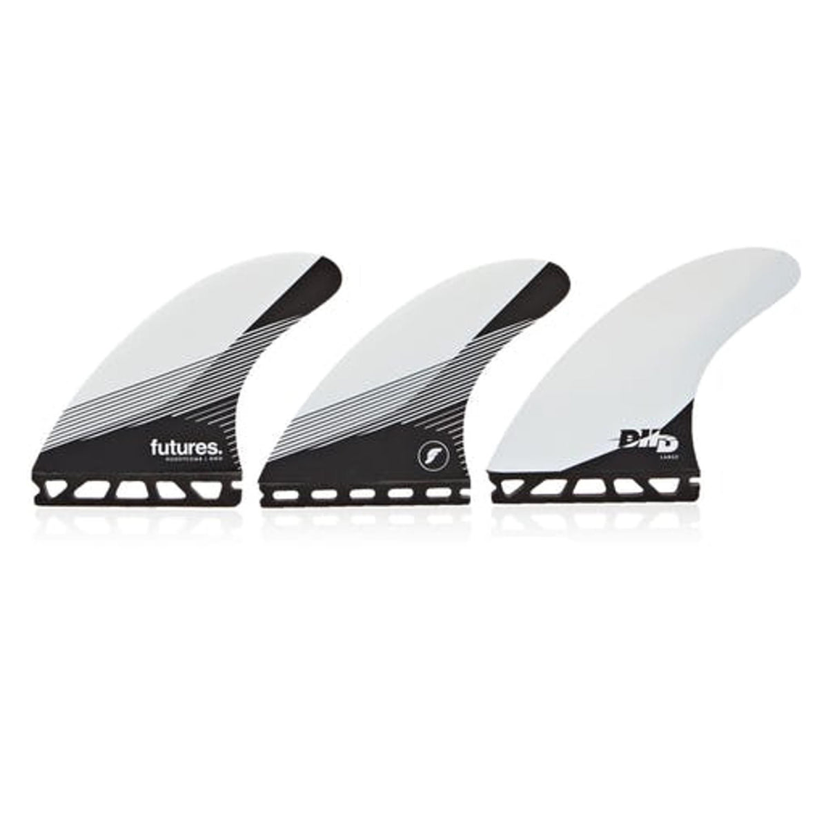 Futures Thruster Fin Set DHD Honeycomb, drei Flossen in Schwarz und Weiß mit Honeycomb-Material, Frontalansicht