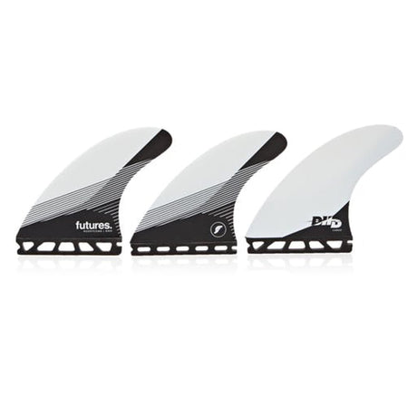 Futures Thruster Fin Set DHD Honeycomb, drei Flossen in Schwarz und Weiß mit Honeycomb-Material, Frontalansicht