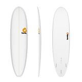 Torq TET V+ MOD Fun Surfboard weiß, drei Ansichten (oben, Seite, unten), Funboard mit goldener Mittellinie