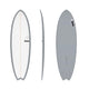 Torq TET MOD Fun & Fish Surfboard, Fischform, weiß-grau, drei Ansichten: Draufsicht, Seitenprofil, Unterseite