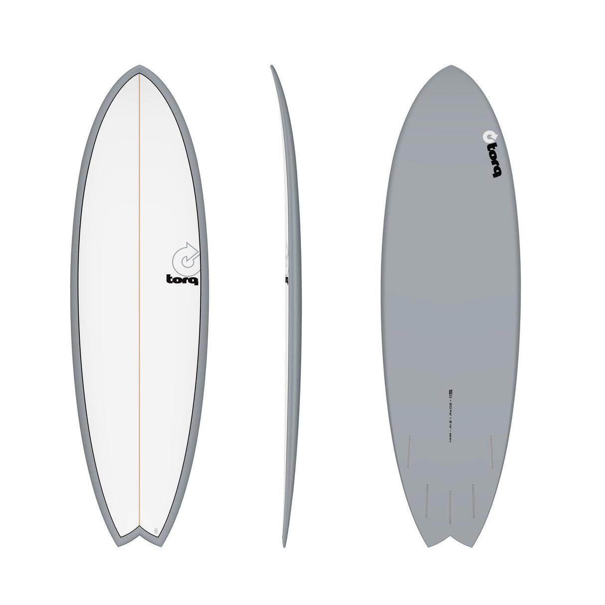Torq TET MOD Fun & Fish Surfboard, Fischform, weiß-grau, drei Ansichten: Draufsicht, Seitenprofil, Unterseite