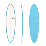 Torq TET MOD Fun & Fish Surfboard, blau-weiß, drei Ansichten von oben, Seite und unten, ovale Form mit abgerundeten Kanten