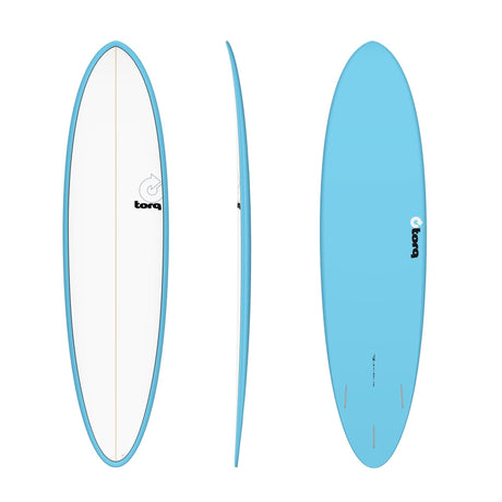 Torq TET MOD Fun & Fish Surfboard, blau-weiß, drei Ansichten von oben, Seite und unten, ovale Form mit abgerundeten Kanten