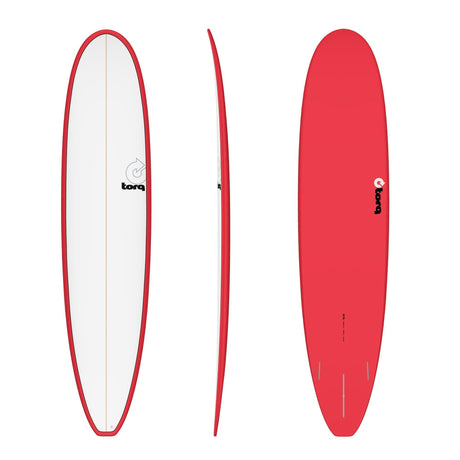 Torq TET Longboard in Rot-Weiß, Draufsicht, Seitenansicht und Unterseite, ovale Form mit roter Kante