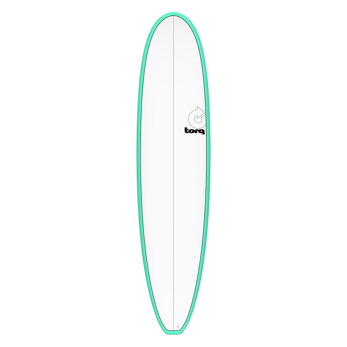 Torq TET Longboard mit türkisem Rail und weißem Deck, Draufsicht
