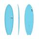 Torq TET MOD Fun & Fish Surfboard in Hellblau, drei Ansichten (Draufsicht, Seitenprofil, Rückseite)