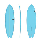 Torq TET MOD Fun & Fish Surfboard in Hellblau, drei Ansichten (Draufsicht, Seitenprofil, Rückseite)