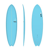 Torq TET MOD Fun & Fish Surfboard in Hellblau, drei Ansichten von oben, Seite und unten, mit abgerundeter Fischform und Finnen