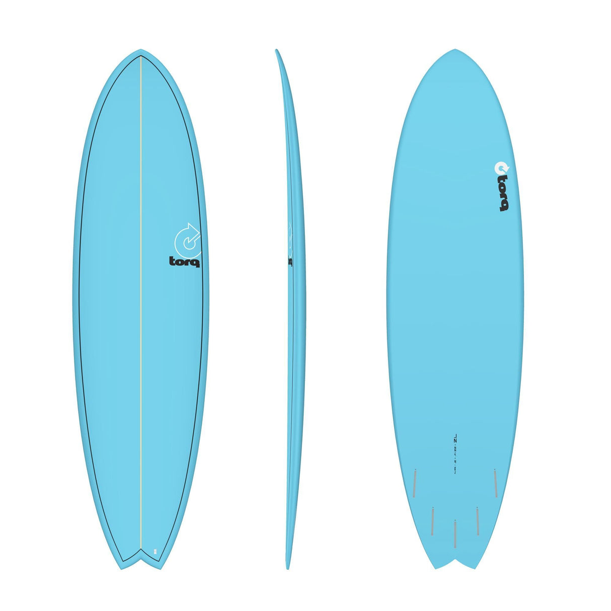 Torq TET MOD Fun & Fish Surfboard in Hellblau, drei Ansichten von oben, Seite und unten, mit Fischform und Finnen