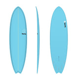 Torq TET MOD Fun & Fish Surfboard in Hellblau, drei Ansichten von oben, Seite und unten, mit Fischform und Finnen