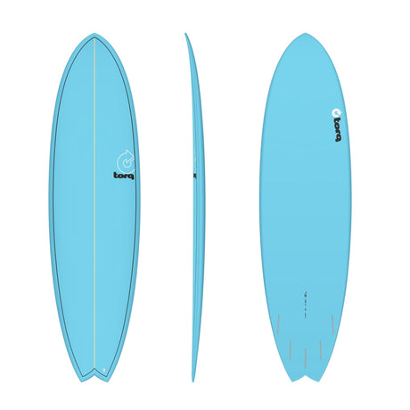 Torq TET MOD Fun & Fish Surfboard in Hellblau, drei Ansichten von oben, Seite und unten, mit Fischform und Finnen