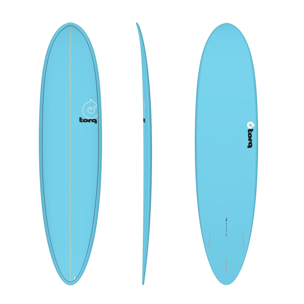 Torq TET MOD Fun & Fish Surfboard in Hellblau, Draufsicht von vorne, Seite und hinten, mit Torq-Logo und Fischgrafik