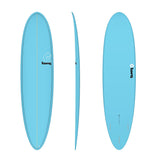 Torq TET MOD Fun & Fish Surfboard in Hellblau, Draufsicht von vorne, Seite und hinten, mit Torq-Logo und Fischgrafik