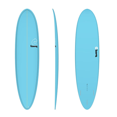 Torq TET MOD Fun & Fish Surfboard in Hellblau, Draufsicht von vorne, Seite und hinten, mit Torq-Logo und Fischgrafik