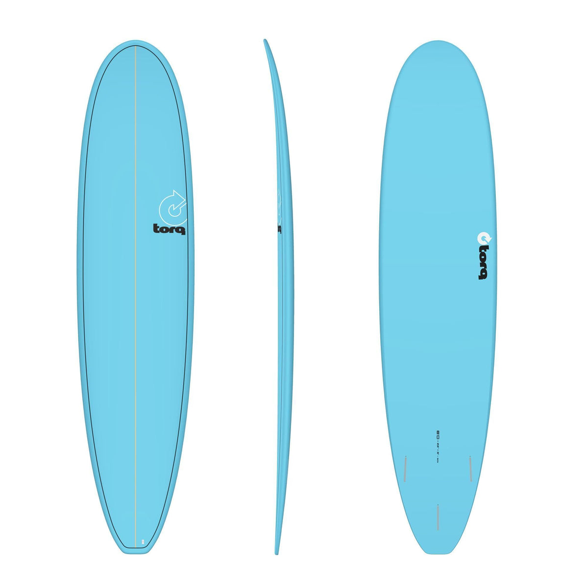 Torq TET Longboard hellblau, Draufsicht, Seitenprofil und Rückansicht, Surfbrett aus Kunststoff mit Finnen
