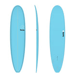 Torq TET Longboard hellblau, Draufsicht, Seitenprofil und Rückansicht, Surfbrett aus Kunststoff mit Finnen