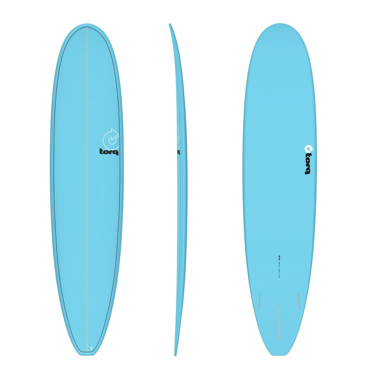 Torq TET Longboard hellblau, drei Ansichten: Draufsicht, Seitenprofil und Unterseite des Surfboards