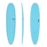 Torq TET Longboard hellblau, drei Ansichten: Draufsicht, Seitenprofil und Unterseite des Surfboards