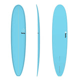 Torq TET Longboard in Hellblau, Draufsicht, Seitenansicht und Unteransicht, Surfboard mit abgerundeter Nose und Tail