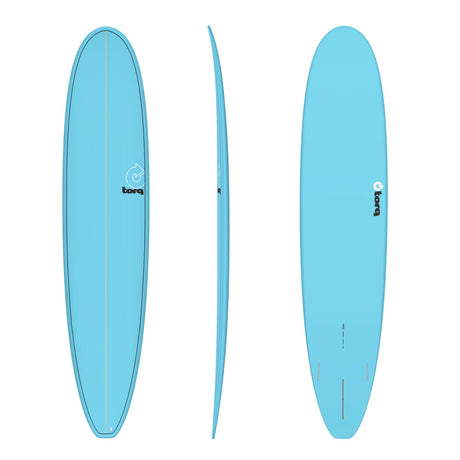 Torq TET Longboard in Hellblau, Draufsicht, Seitenansicht und Unteransicht, Surfboard mit abgerundeter Nose und Tail