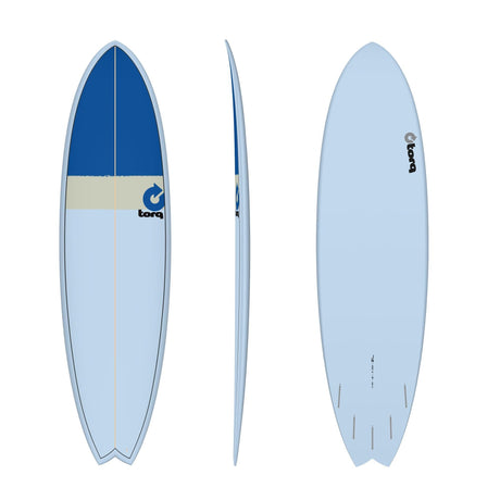 Torq TET MOD Fun & Fish Surfboard in Blau und Hellblau, Draufsicht, Seitenansicht und Unteransicht