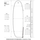 ROAM Coffin Wheelie Mid Boardbag, schwarze Schutztasche mit Größentabelle und Abmessungen für Surfbretter